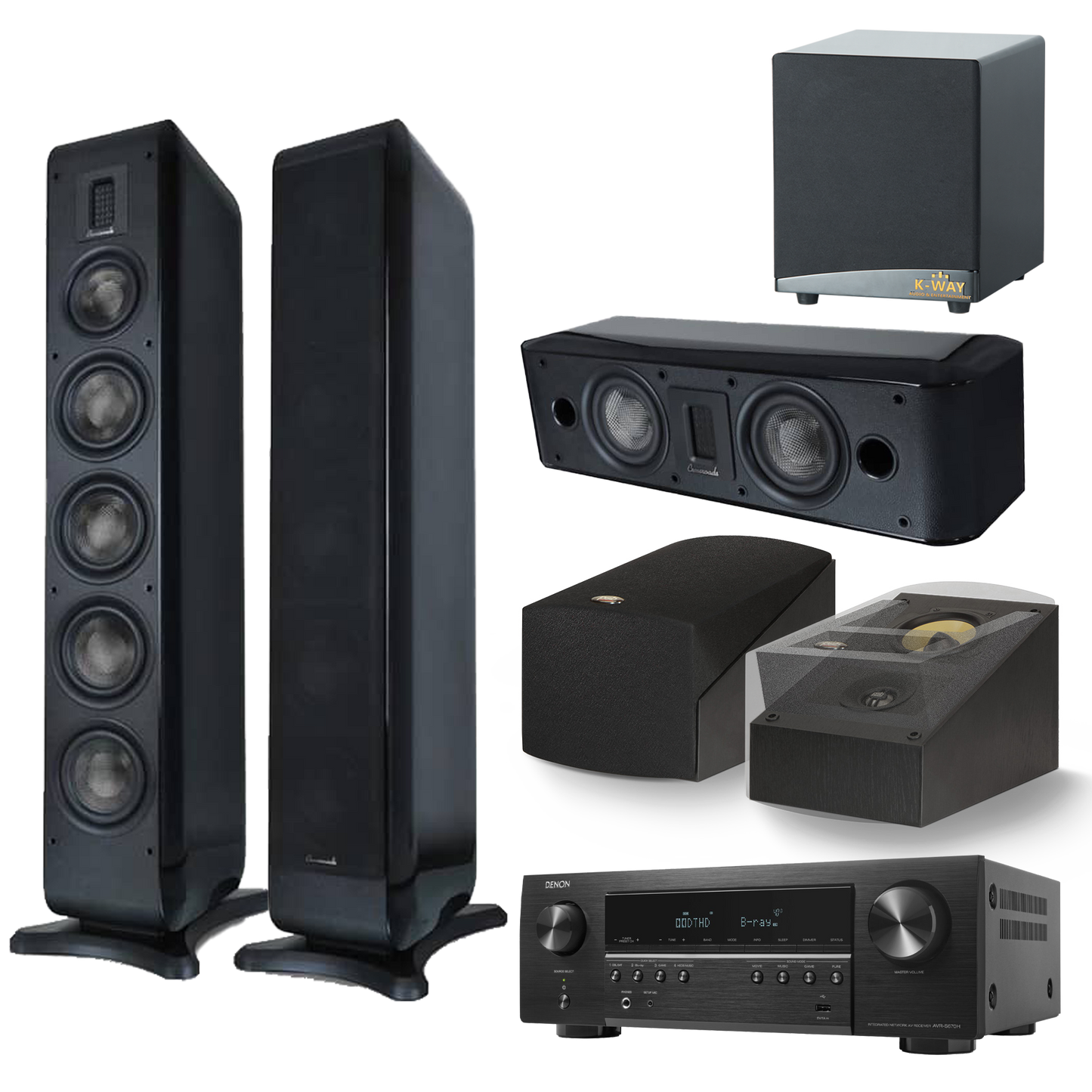 CROSSROADS ET 345 FLOOR STANDING SPEAKER + CROSSROADS EC 224 CENTER SPEAKER + PSB XA IMAGINE BOOKSHELF SPEAKER + K-WAY SW12 12" ACTIVE SUBWOOFER + DENON AVR s670h AV RECEIVER
