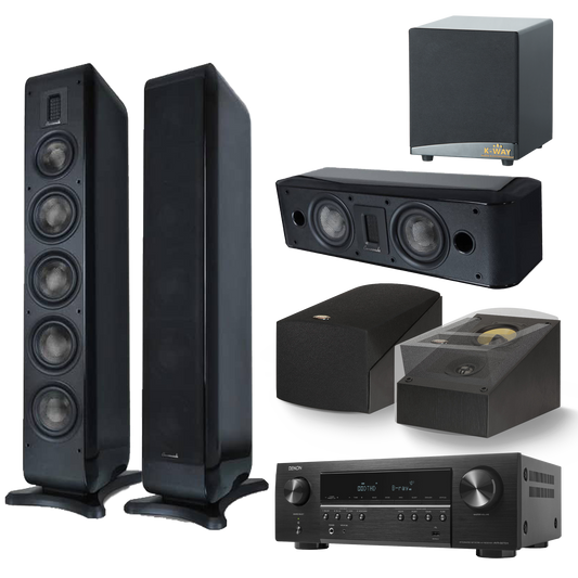 CROSSROADS ET 345 FLOOR STANDING SPEAKER + CROSSROADS EC 224 CENTER SPEAKER + PSB XA IMAGINE BOOKSHELF SPEAKER + K-WAY SW12 12" ACTIVE SUBWOOFER + DENON AVR s670h AV RECEIVER