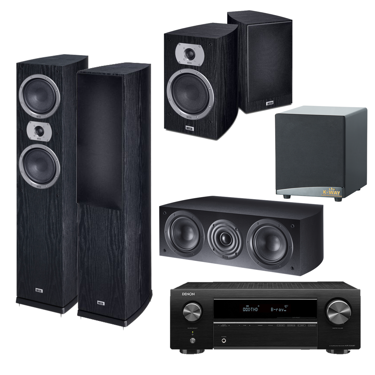 DENON AVR-X250BT BKE2+ KWAY SW12 12' SUB WOOFER + HECO FLOORSTANDING SPEAKER Victa Prime 502 + HECO Victa Elite Center 102 + HECO BOOKSHELF Victa Prime 202 +