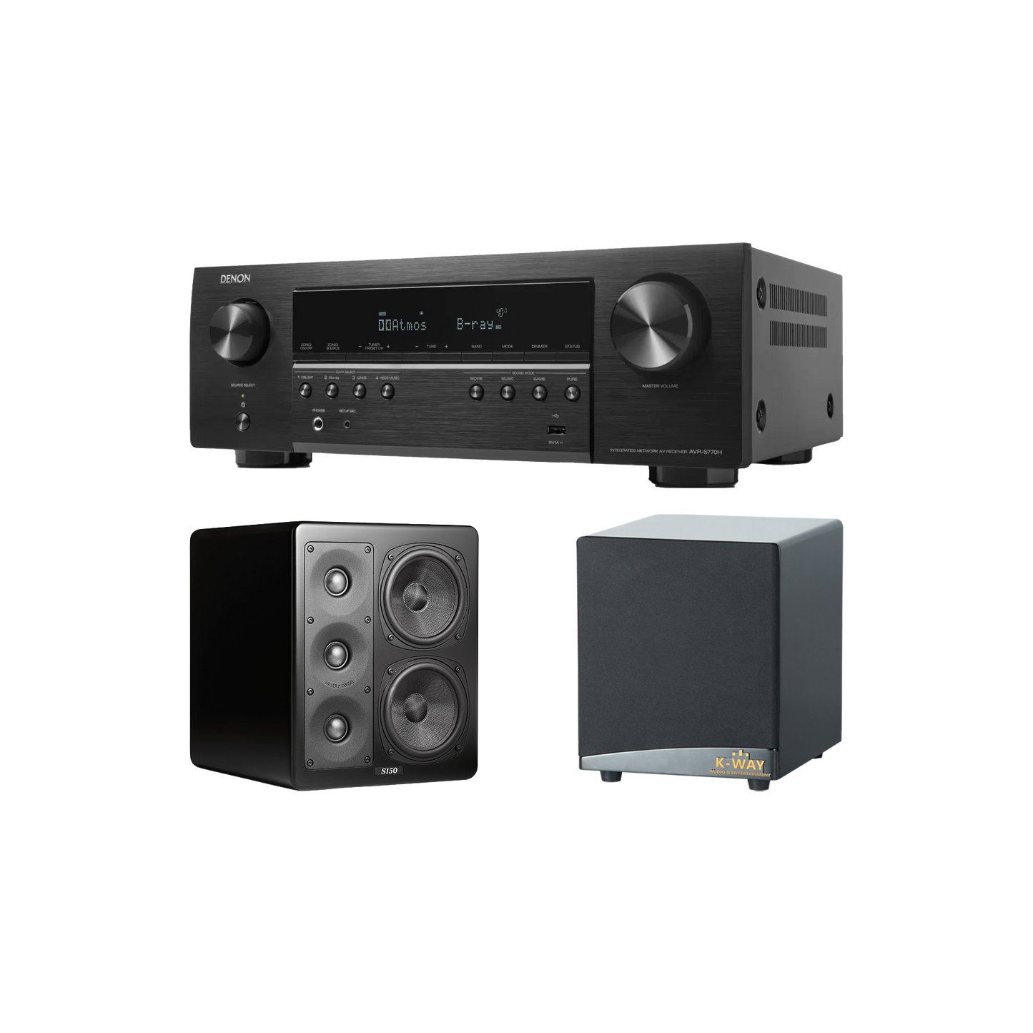 M&K S150 LCR 5.1 CHANEL + DENON S770 8K AV Receiver | 7.2 Channel + K-WAY SUB-WOOFER SW12