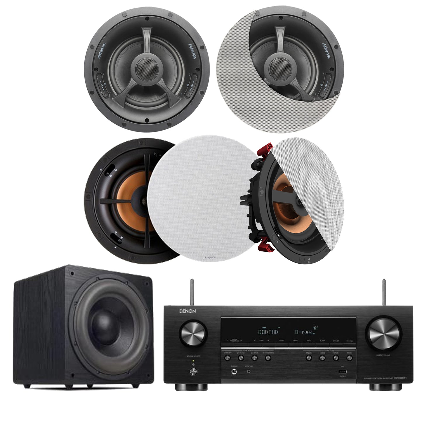 KLIPSCH CEILING SPEAKER PRO-180RPC LCR + ATLANTIC TECHNOLOGY CEILING LCR SPK 1C-6HT USA + DENON 8K AV NETWORK RECEIVER 5.2 CHANNEL AVR-S670 + MBWS 12" ACTIVE SUB WOOFER MS-SW 12 RMS 500W USA