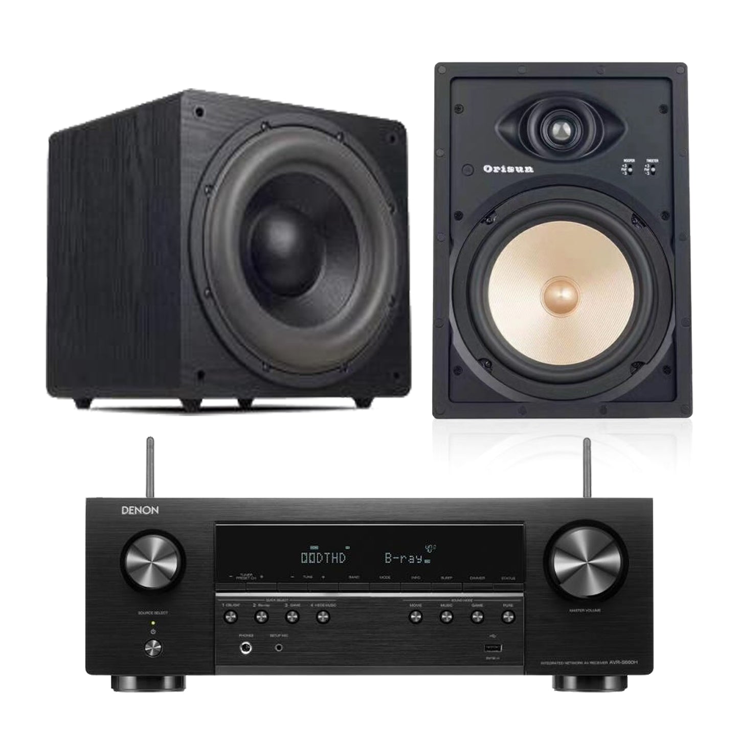 ORISUN INWALL LCR SPK OS-1W8 8" USA + MBWS - 12" ACTIVE SUB RMS500W 1UNIT USA + DENON 8K AV NETWORK RECEIVER 5.2CH AVR-S660