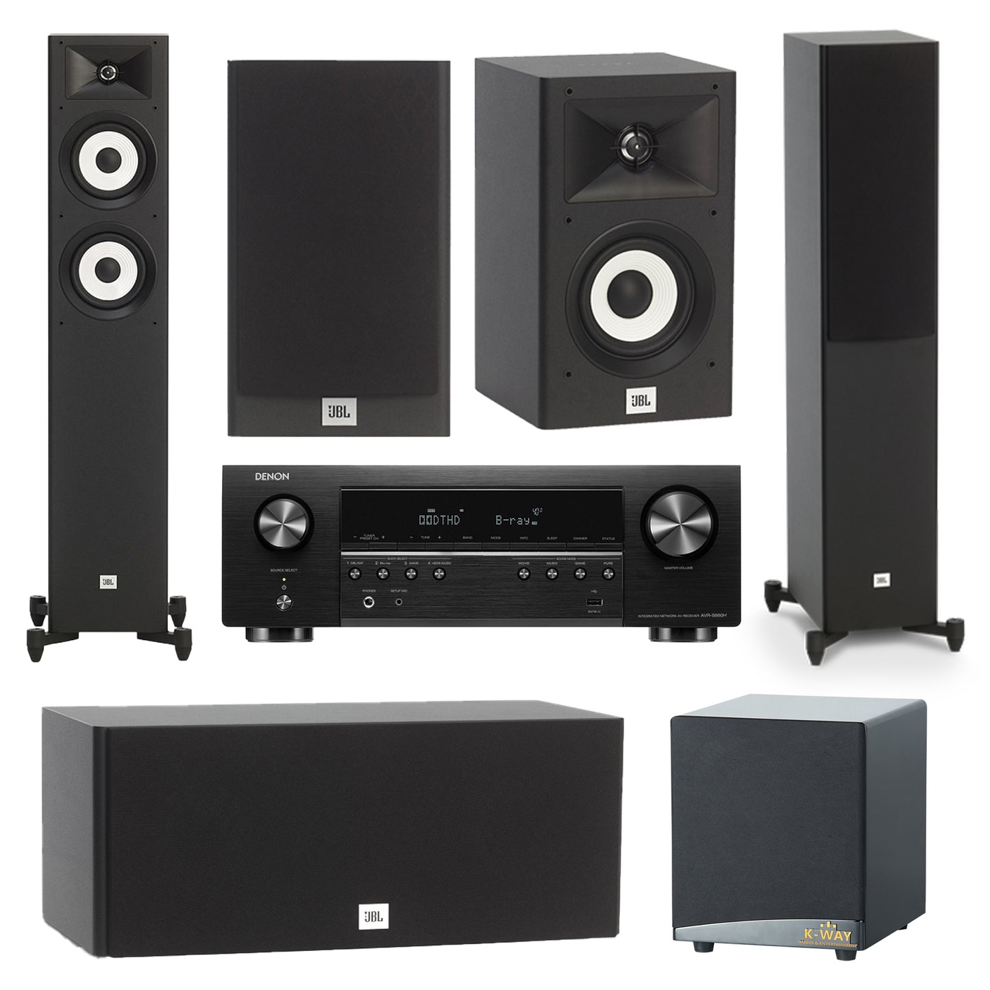 JBL Stage A170 Series 5.1 - Denon AVR-S670H 5.2Ch 8K Network Av-Receiver + KWAY 10' Sub Woofer Speaker Package